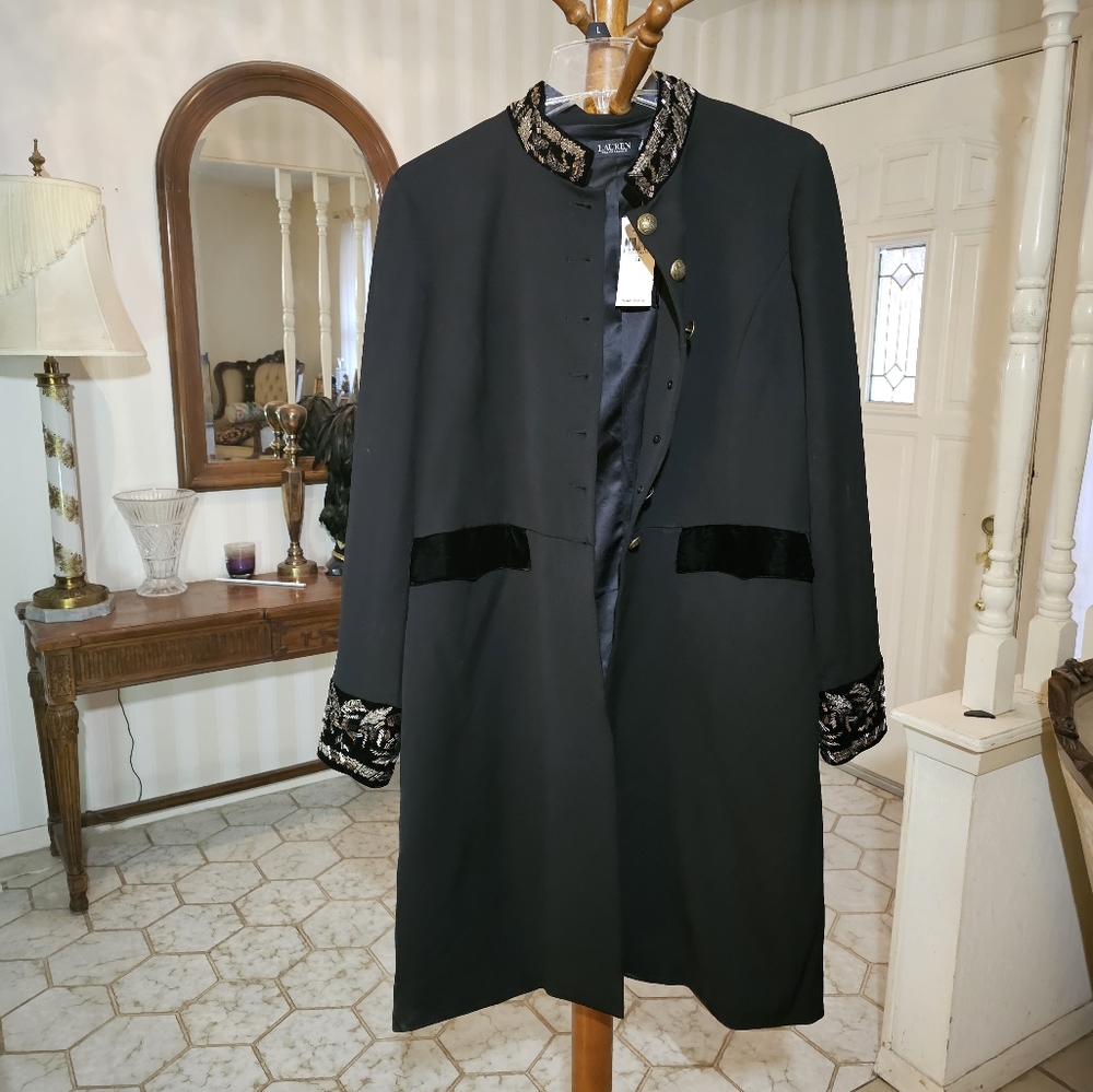 Ralph Lauren Embroidered Velvet & Sequins Trim Tricotine Coat - Picture 7 of 8